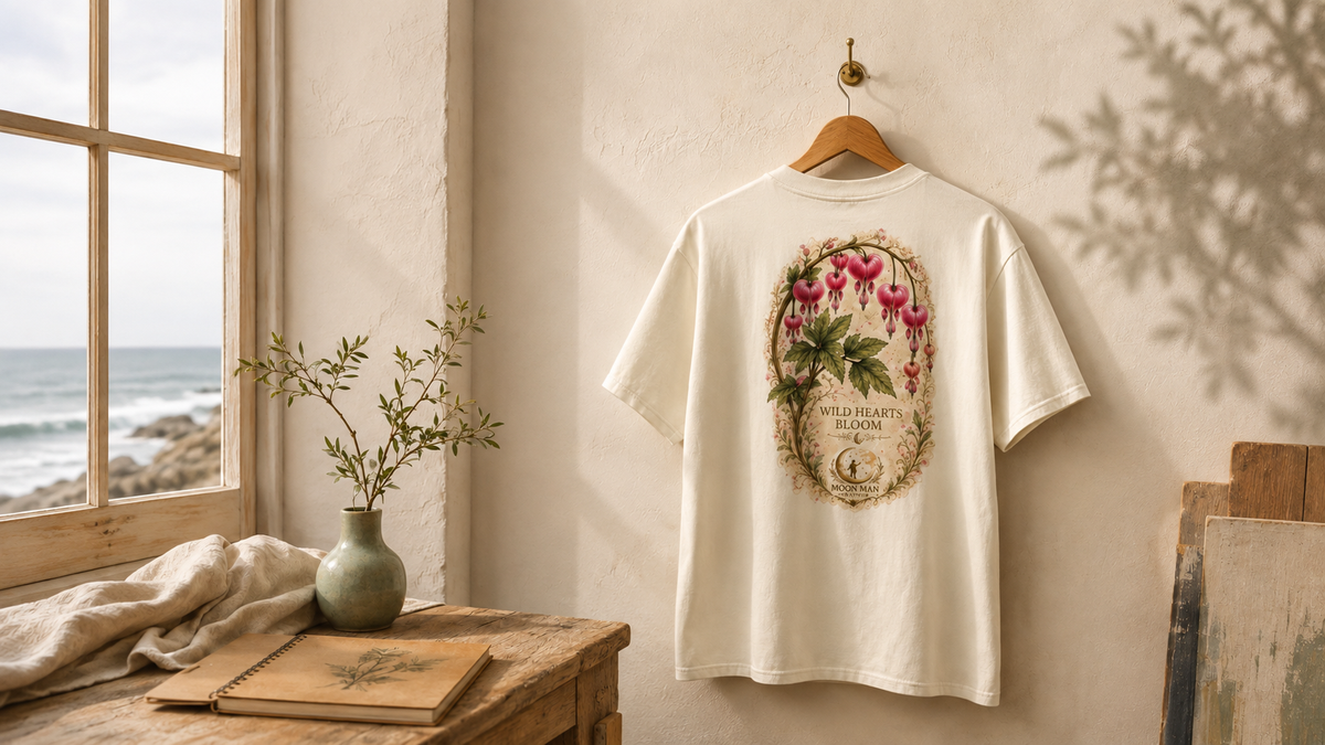Ivory Wild Hearts Bloom botanical tee displayed beside a sunlit coastal studio window