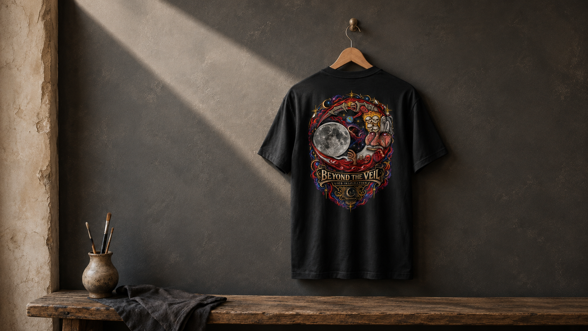 Beyond the Veil Signature Series tee displayed against charcoal plaster in an artist studio