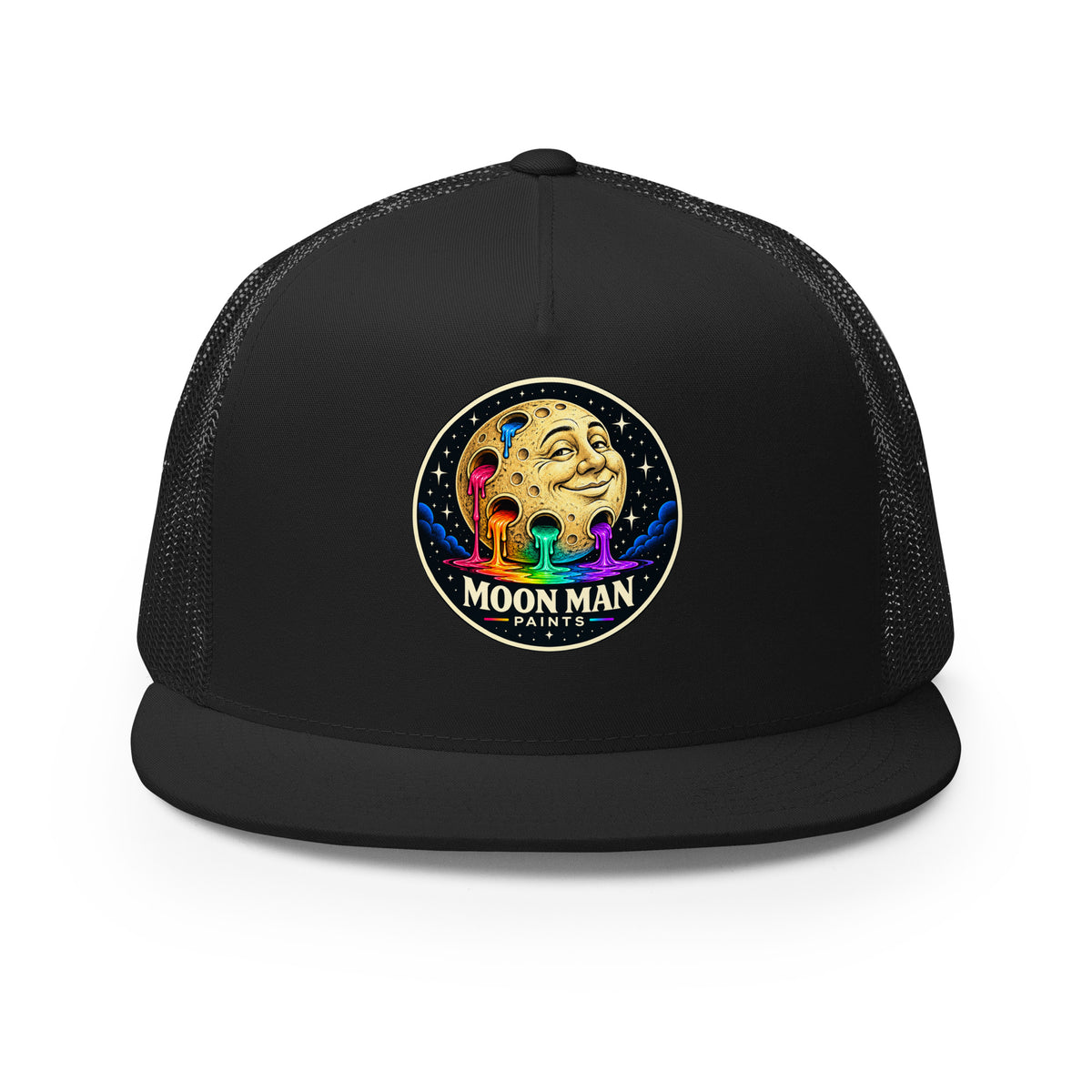 Paint Crater Trucker Hat — black front — repaired circular logo
