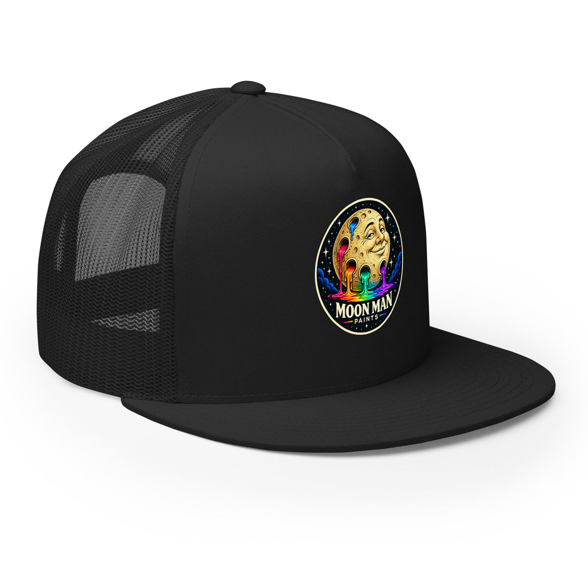Paint Crater Trucker Hat — black right front — repaired circular logo