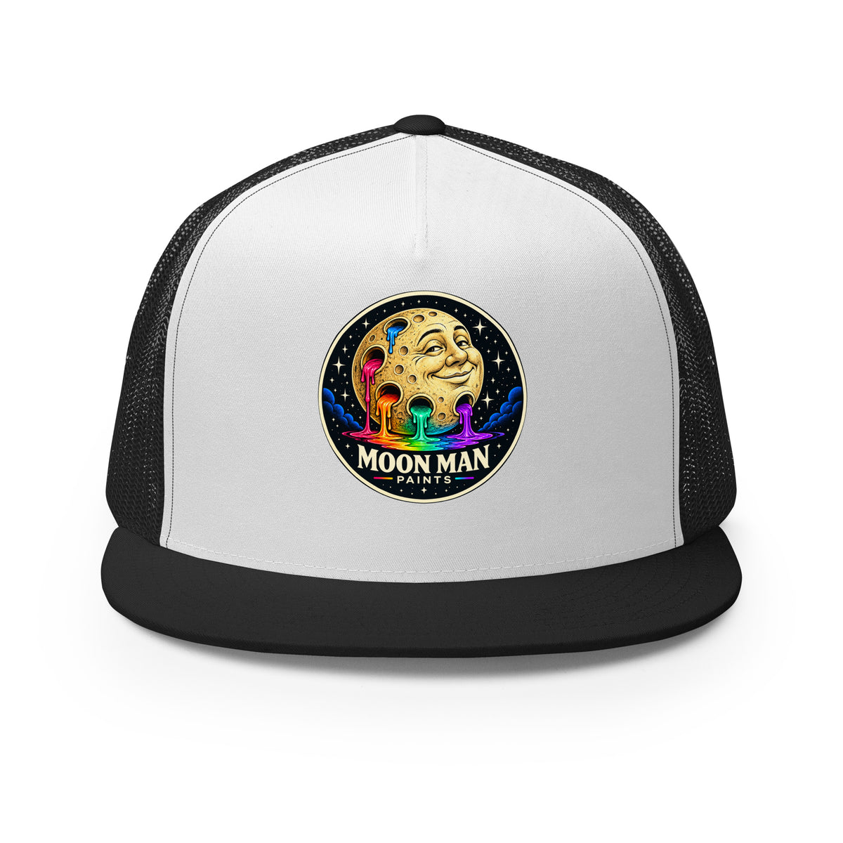 Paint Crater Trucker Hat — black white black front — repaired circular logo