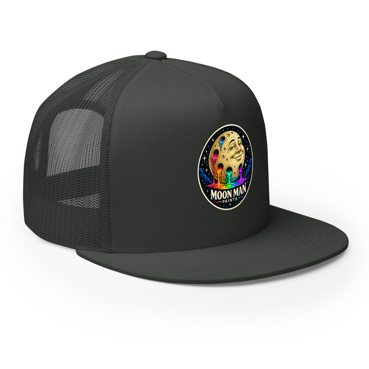 Paint Crater Trucker Hat — charcoal right front — repaired circular logo
