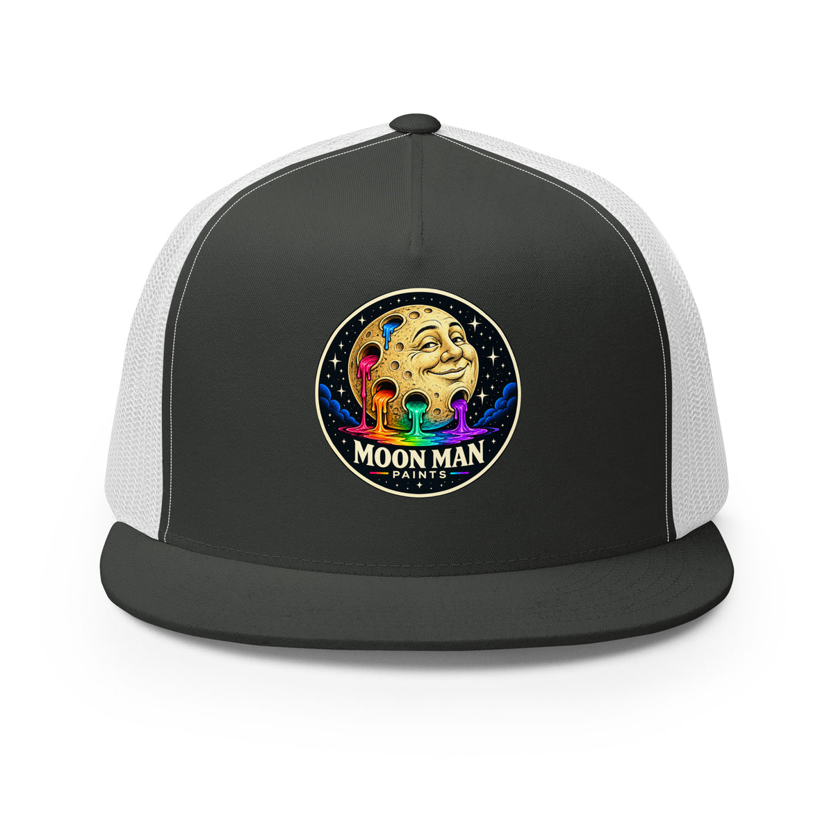 Paint Crater Trucker Hat — charcoal white front — repaired circular logo