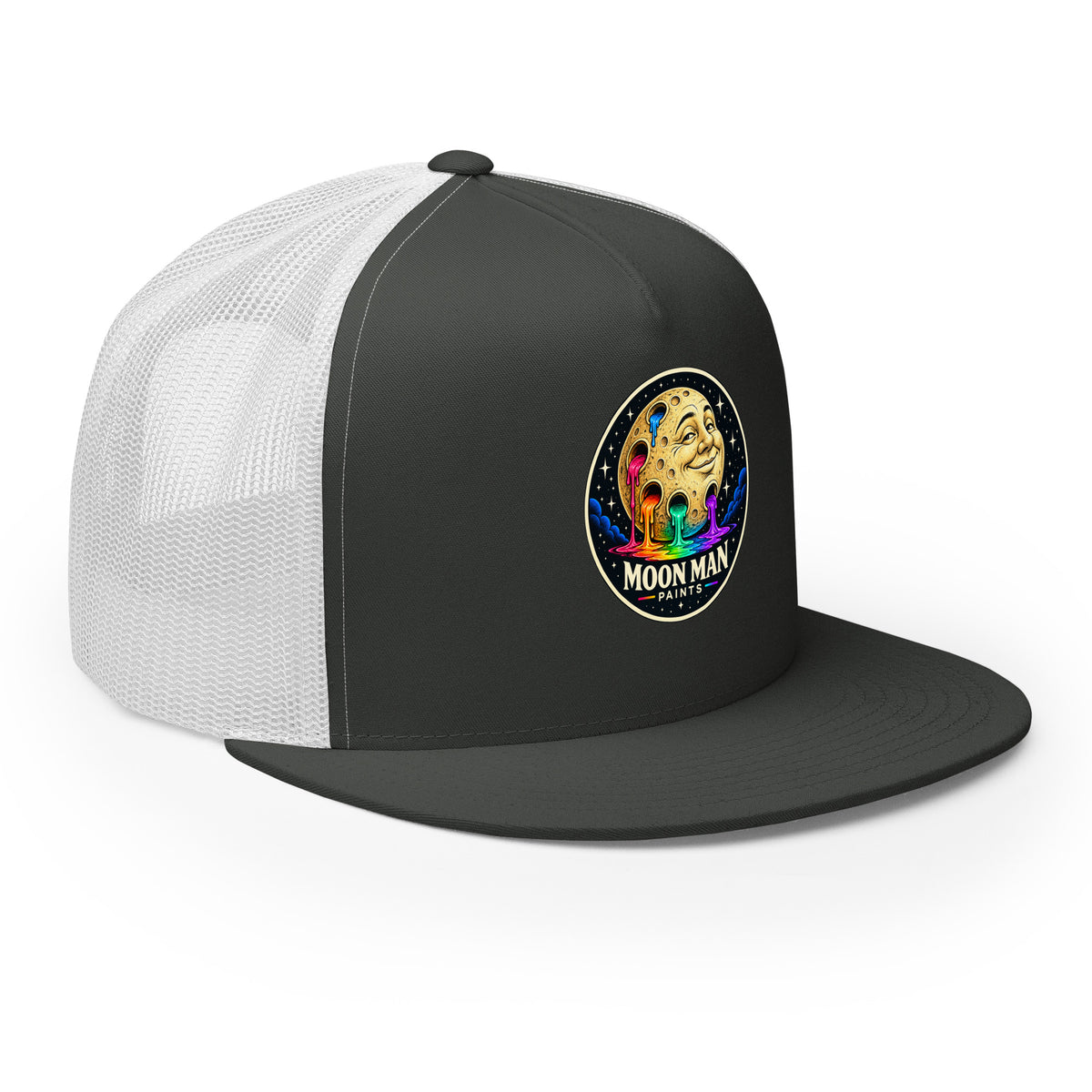 Paint Crater Trucker Hat — charcoal white right front — repaired circular logo