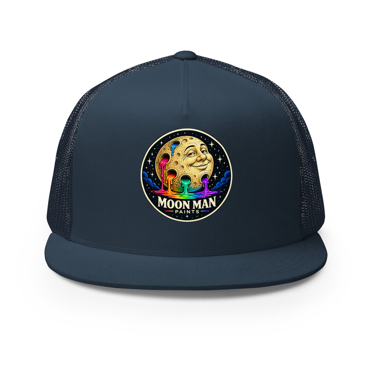 Paint Crater Trucker Hat — navy front — repaired circular logo