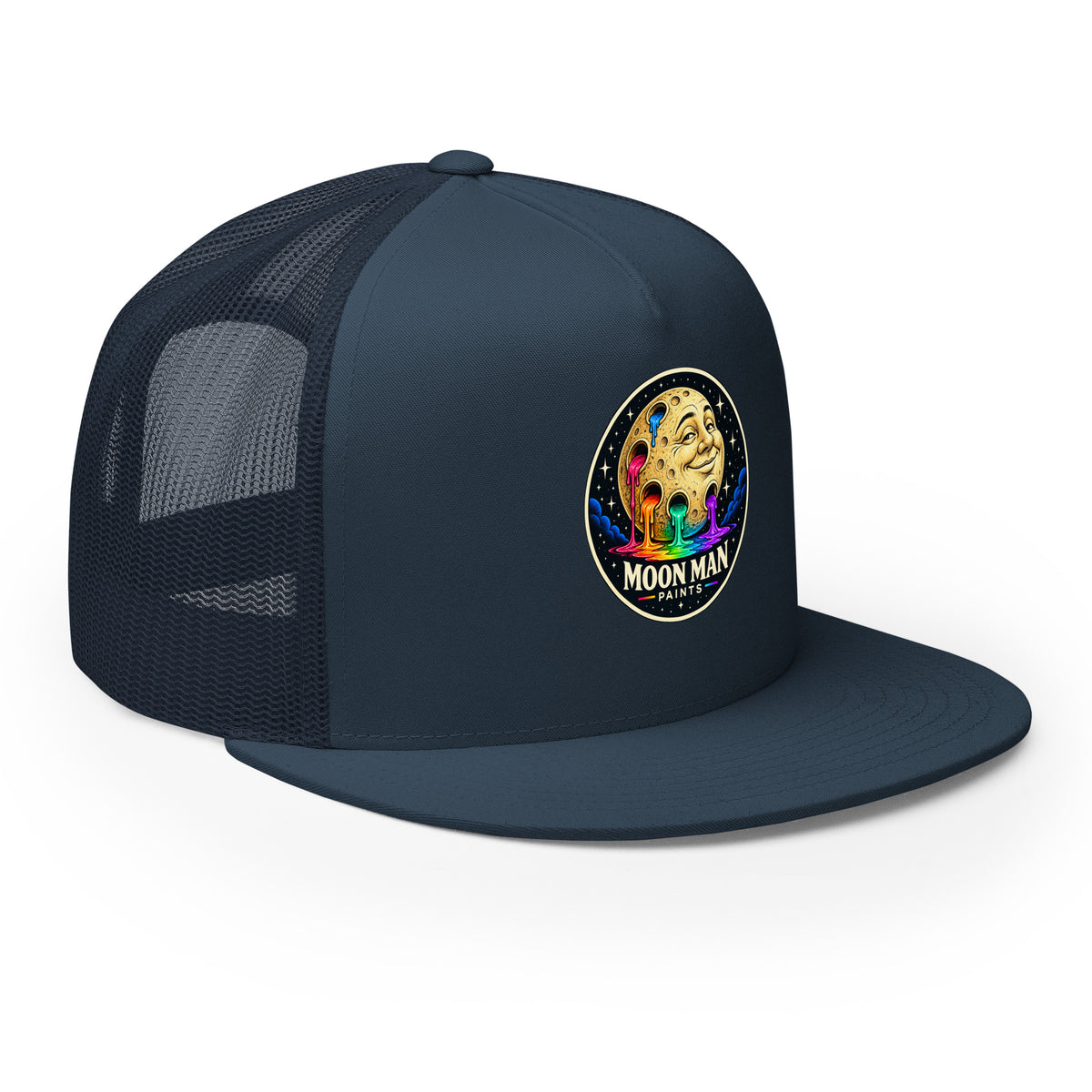 Paint Crater Trucker Hat — navy right front — repaired circular logo