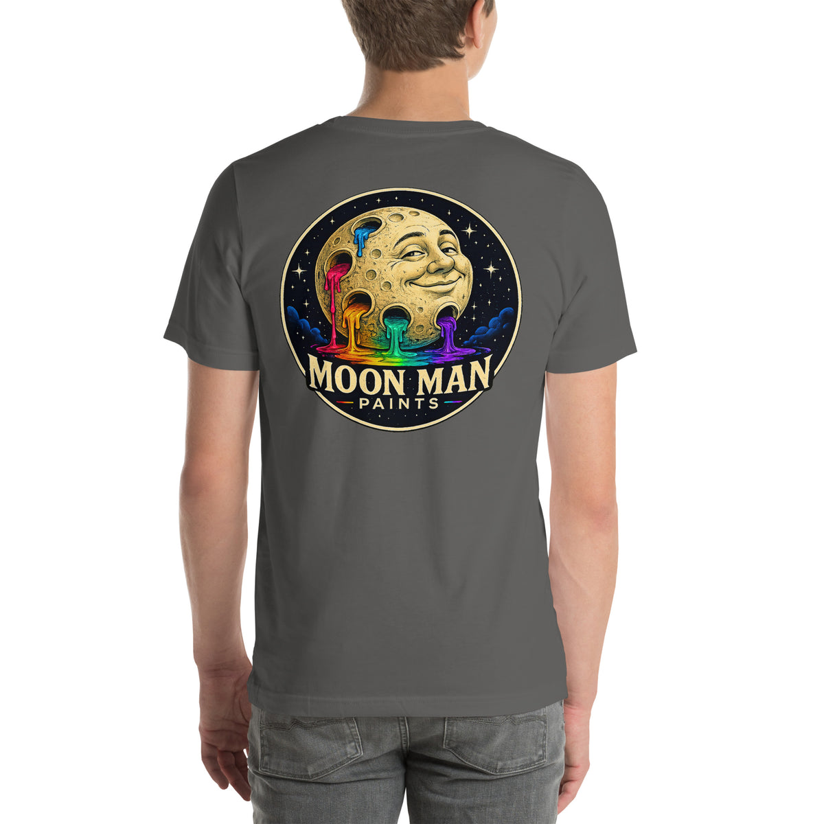 Moon Man Paints Original Logo — Unisex Premium Tee — Asphalt — back view on man model