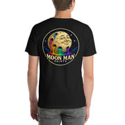 Moon Man Paints Original Logo — Unisex Premium Tee — Black — back view on man model