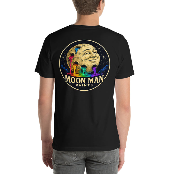 Moon Man Paints Original Logo — Unisex Premium Tee — Black — back view on man model