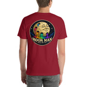 Moon Man Paints Original Logo — Unisex Premium Tee — Cardinal — back view on man model