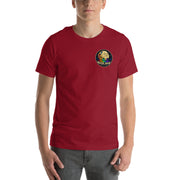 Moon Man Paints Original Logo — Unisex Premium Tee — Cardinal — front view on man model
