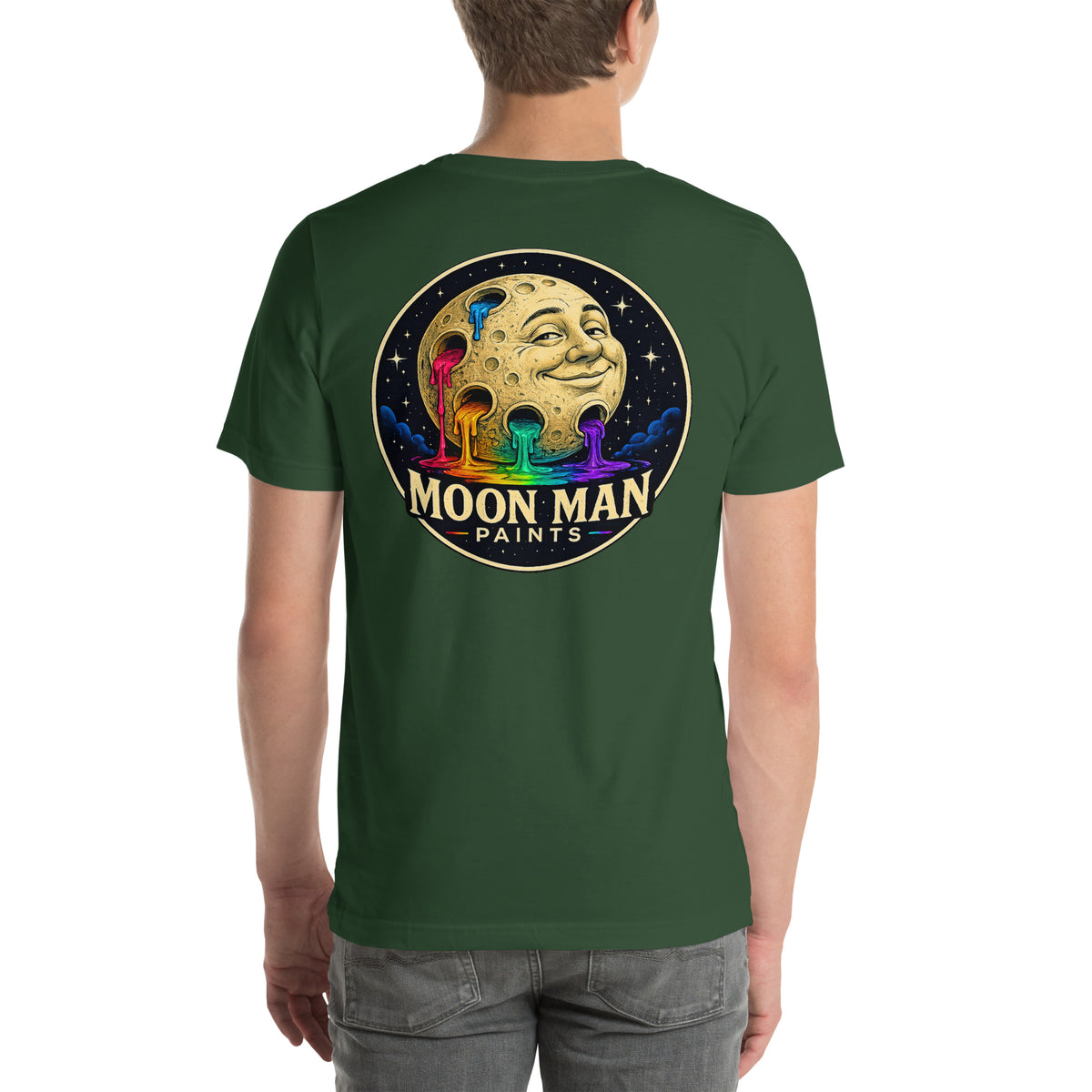 Moon Man Paints Original Logo — Unisex Premium Tee — Forest — back view on man model
