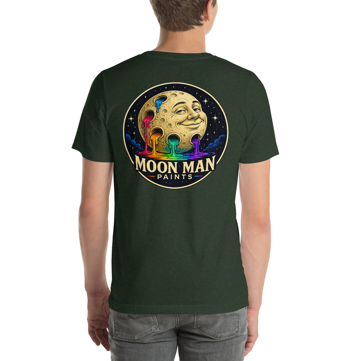 Moon Man Paints Original Logo — Unisex Premium Tee — Heather Emerald — back view on man model