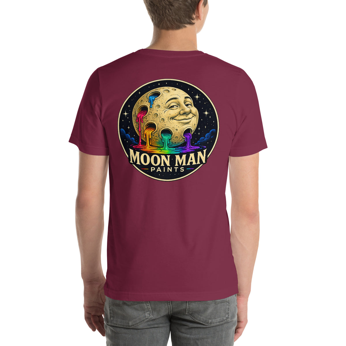 Moon Man Paints Original Logo — Unisex Premium Tee — Maroon — back view on man model