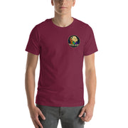 Moon Man Paints Original Logo — Unisex Premium Tee — Maroon — front view on man model