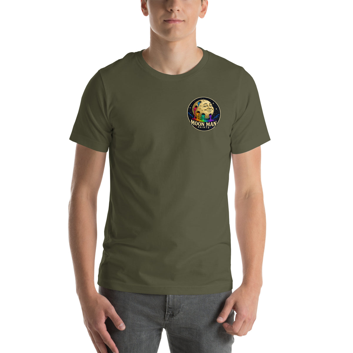 Moon Man Paints Original Logo — Unisex Premium Tee — Military Green — front view on man model