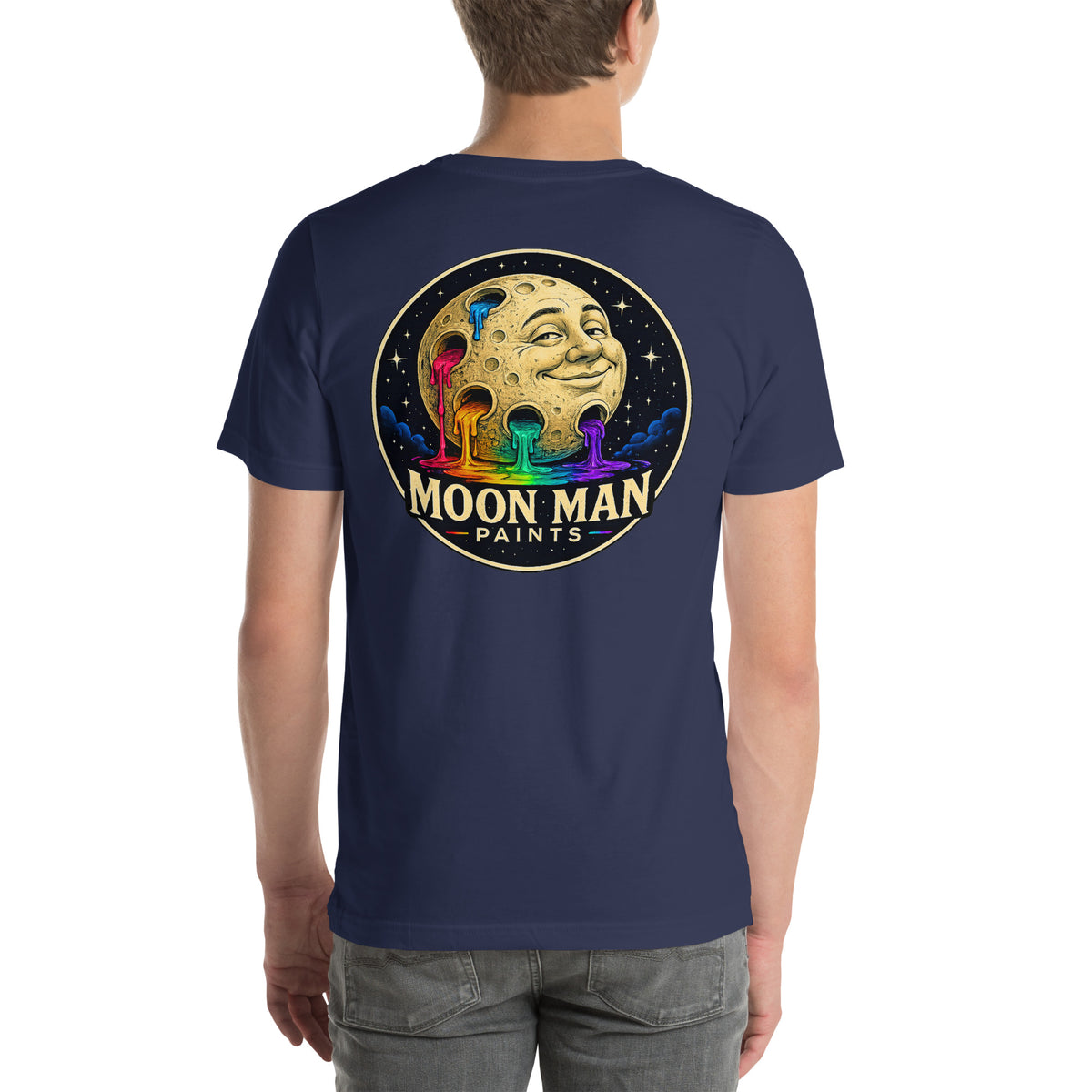 Moon Man Paints Original Logo — Unisex Premium Tee — Navy — back view on man model