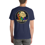 Moon Man Paints Original Logo — Unisex Premium Tee — Navy — back view on man model