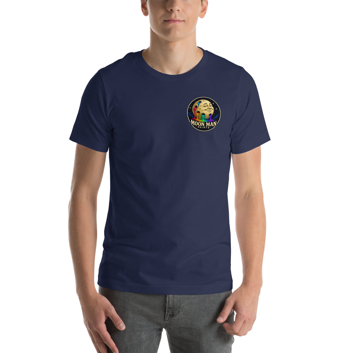 Moon Man Paints Original Logo — Unisex Premium Tee — Navy — front view on man model