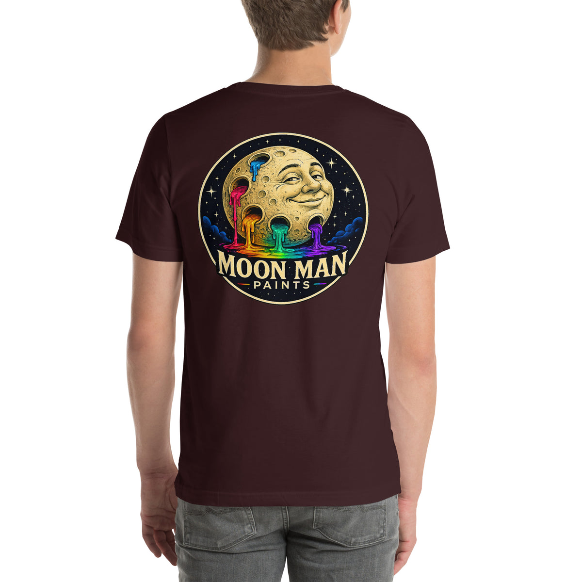 Moon Man Paints Original Logo — Unisex Premium Tee — Oxblood Black — back view on man model