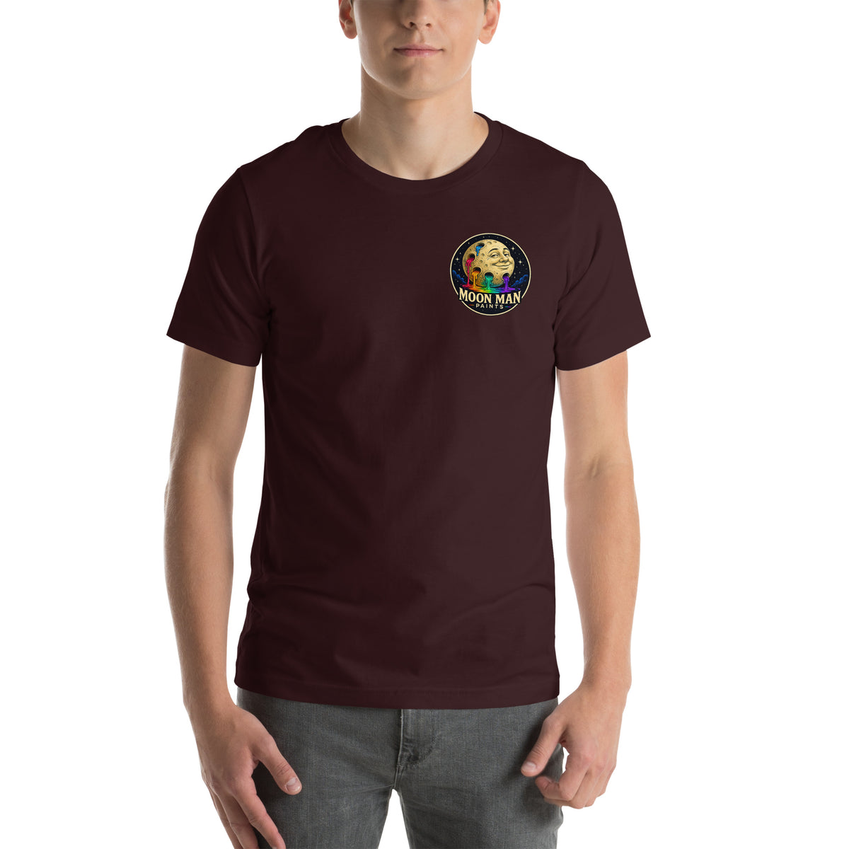 Moon Man Paints Original Logo — Unisex Premium Tee — Oxblood Black — front view on man model