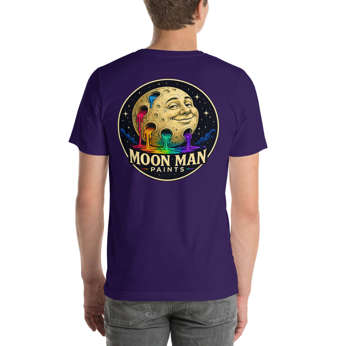 Moon Man Paints Original Logo — Unisex Premium Tee — Team Purple — back view on man model