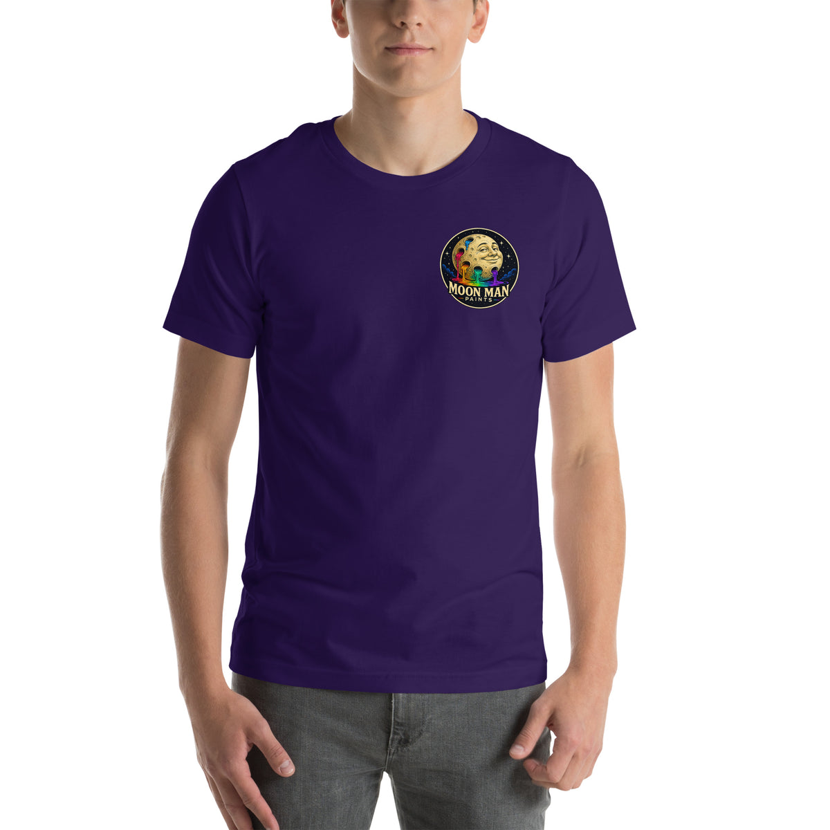 Moon Man Paints Original Logo — Unisex Premium Tee — Team Purple — front view on man model