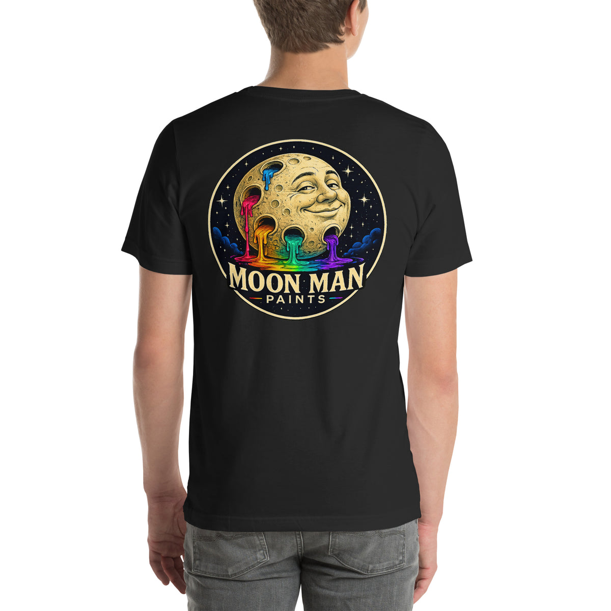 Moon Man Paints Original Logo — Unisex Premium Tee — Vintage Black — back view on man model