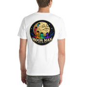 Moon Man Paints Original Logo — Unisex Premium Tee — White — back view on man model
