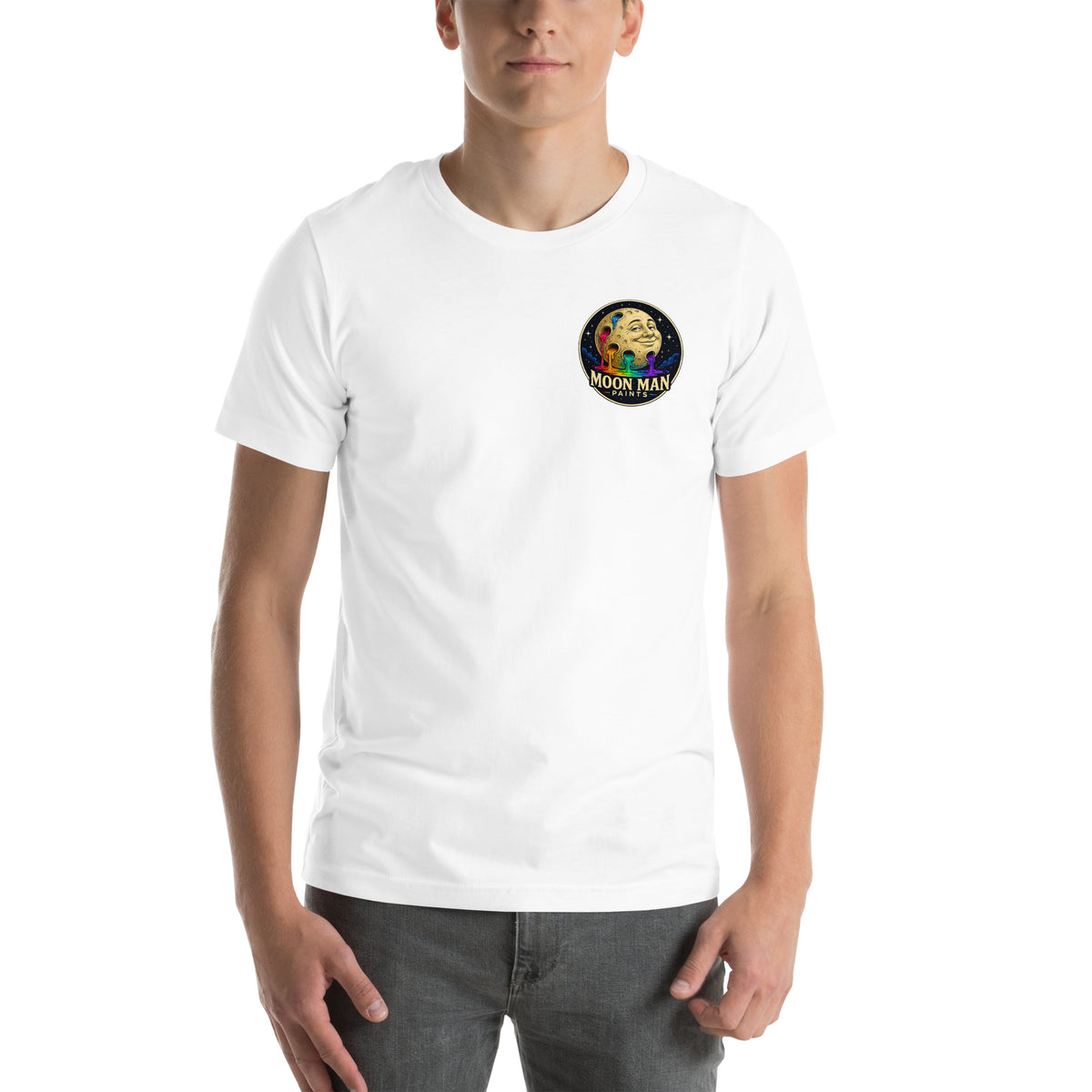 Moon Man Paints Original Logo — Unisex Premium Tee — White — front view on man model