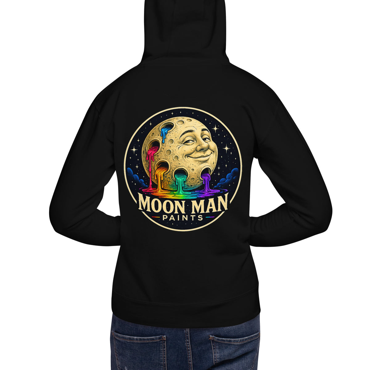 Moon Man Paints Original Logo — Unisex Hoodie — Black — back view on man model