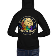 Moon Man Paints Original Logo — Unisex Hoodie — Black — back view on man model