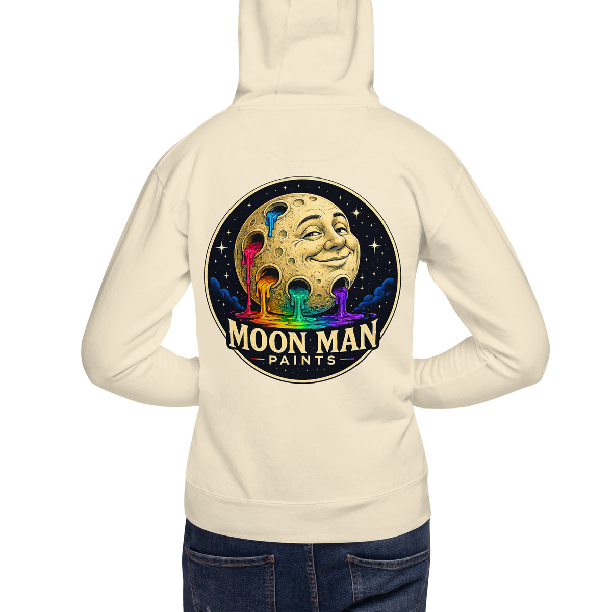Moon Man Paints Original Logo — Unisex Hoodie — Bone — back view on man model
