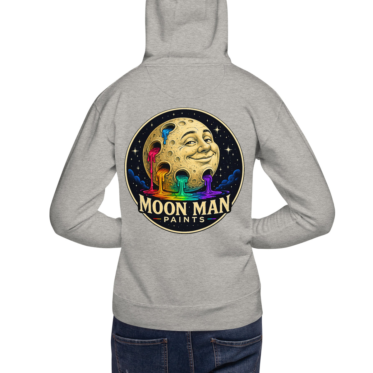Moon Man Paints Original Logo — Unisex Hoodie — Carbon Grey — back view on man model