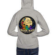 Moon Man Paints Original Logo — Unisex Hoodie — Carbon Grey — back view on man model