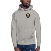 Moon Man Paints Original Logo — Unisex Hoodie — Carbon Grey — front view on man model