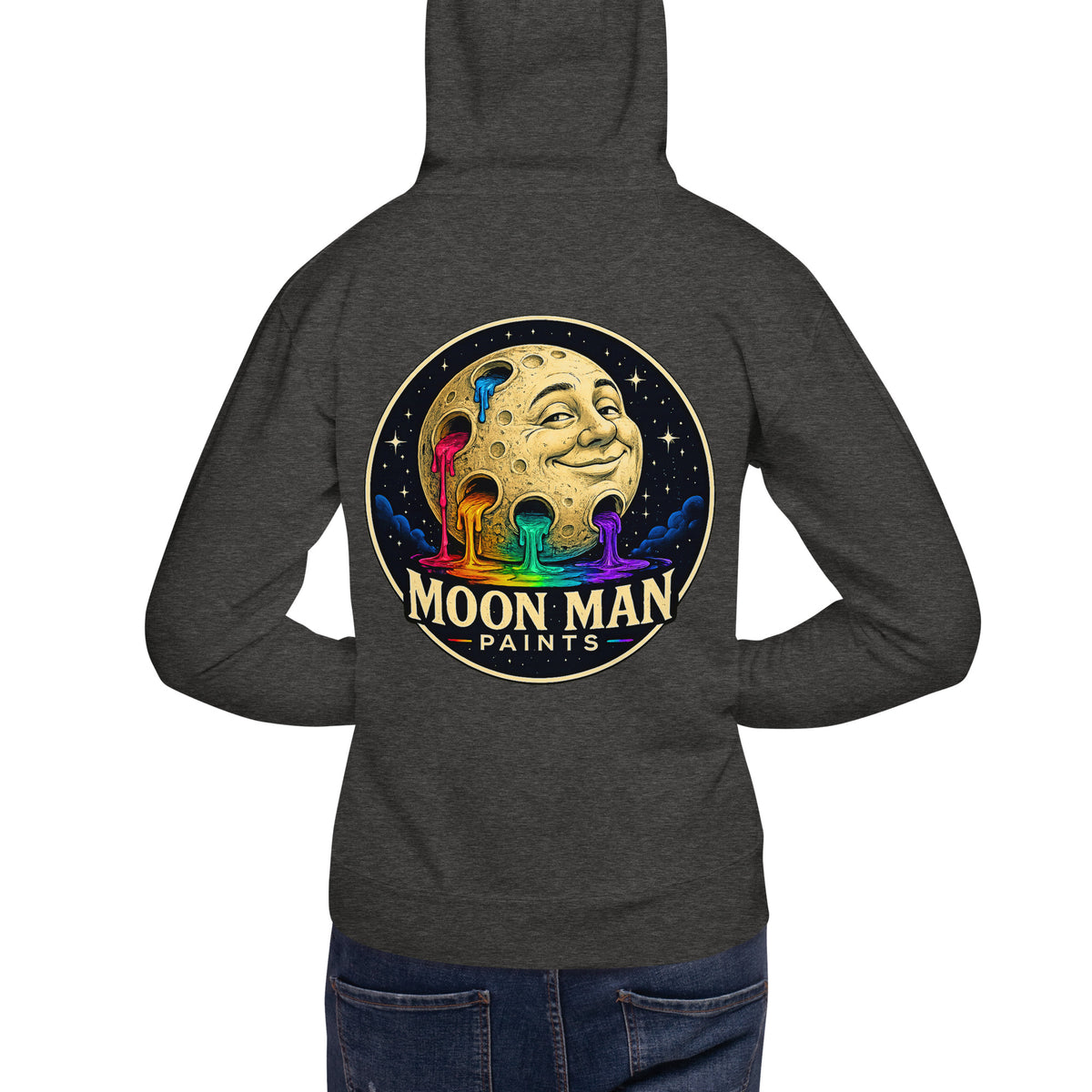Moon Man Paints Original Logo — Unisex Hoodie — Charcoal Heather — back view on man model