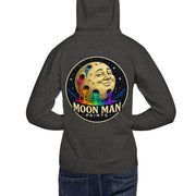 Moon Man Paints Original Logo — Unisex Hoodie — Charcoal Heather — back view on man model