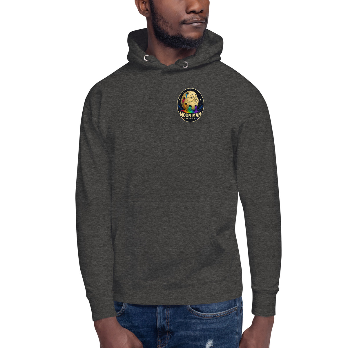 Moon Man Paints Original Logo — Unisex Hoodie — Charcoal Heather — front view on man model