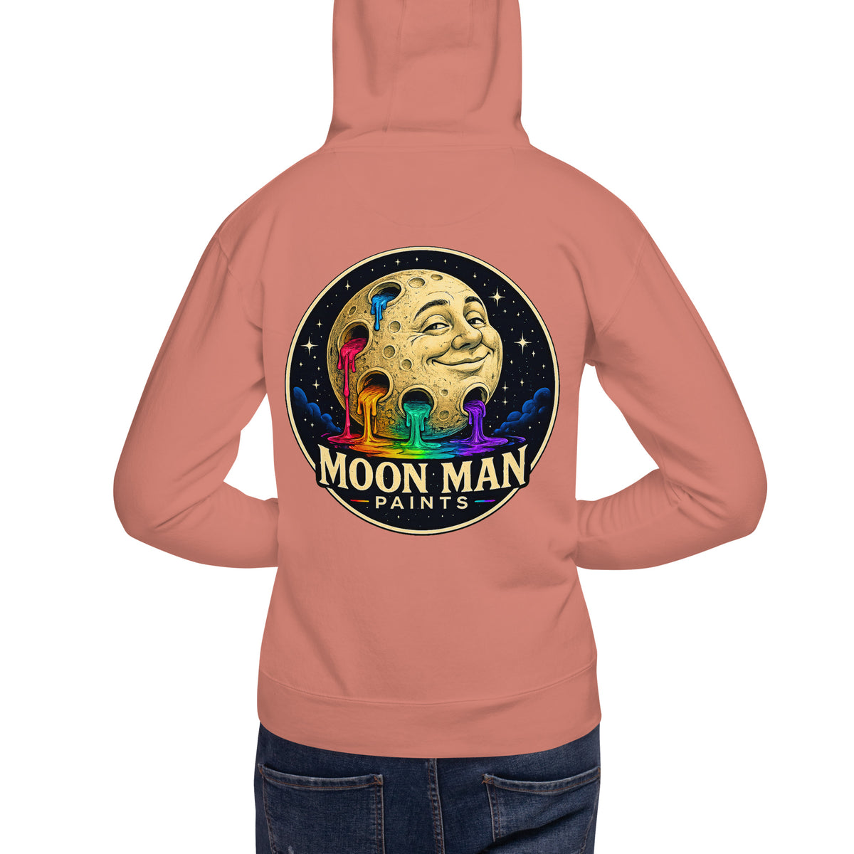 Moon Man Paints Original Logo — Unisex Hoodie — Dusty Rose — back view on man model