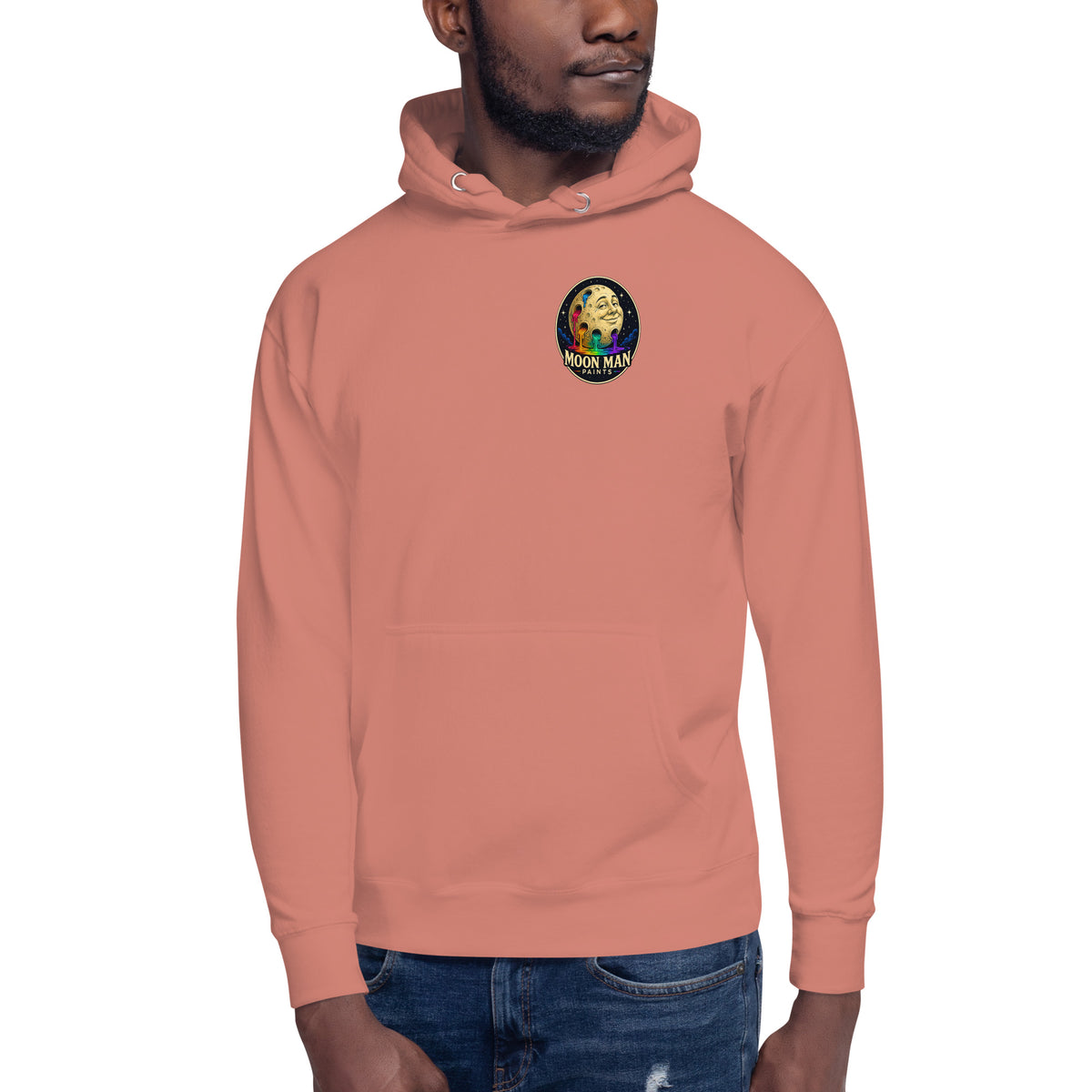 Moon Man Paints Original Logo — Unisex Hoodie — Dusty Rose — front view on man model