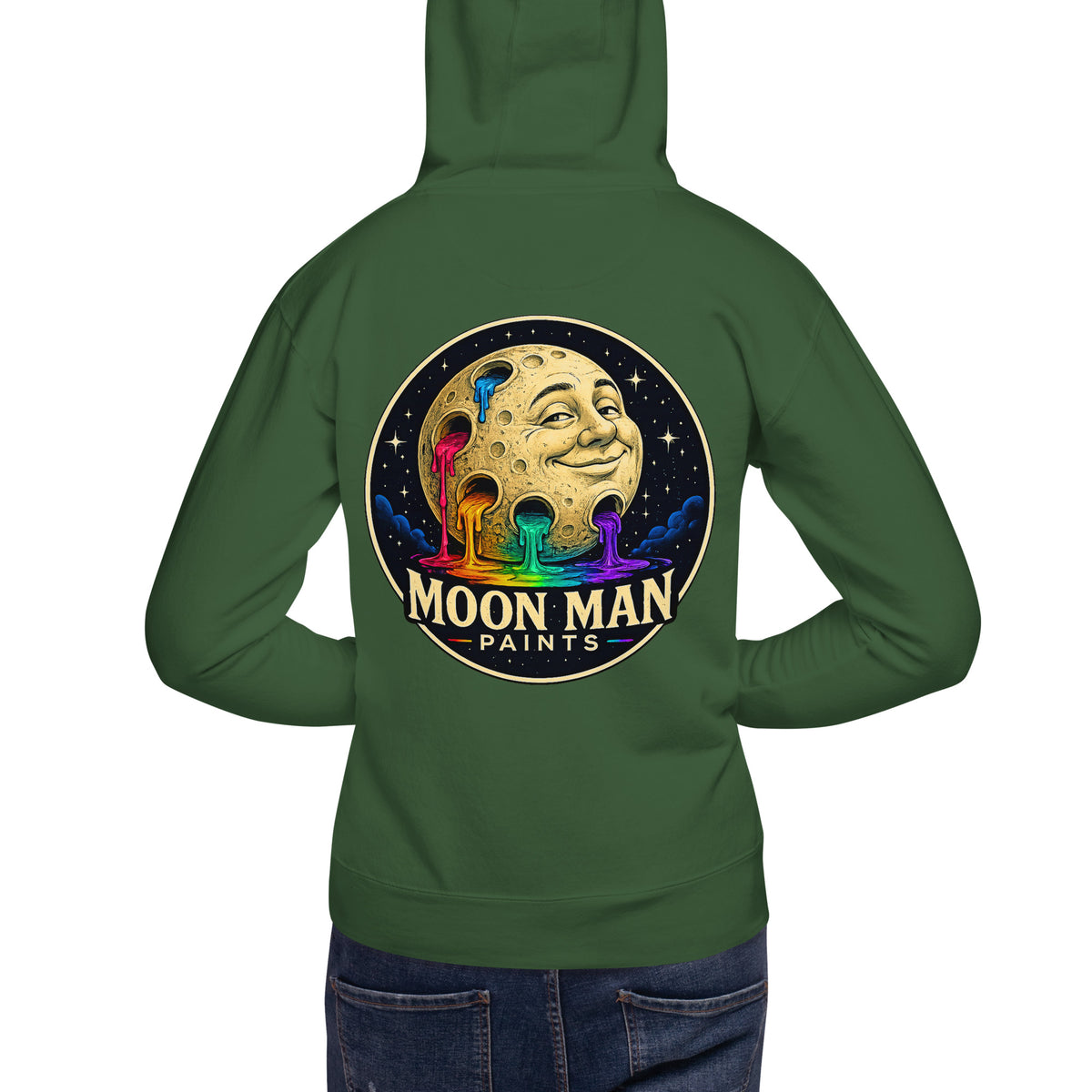 Moon Man Paints Original Logo — Unisex Hoodie — Forest Green — back view on man model