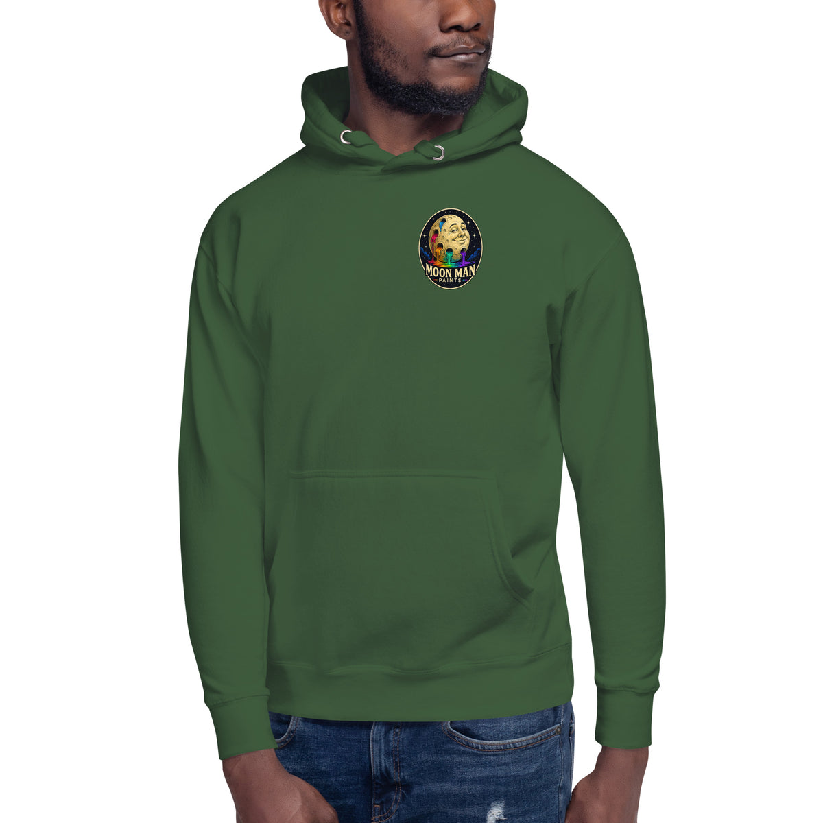 Moon Man Paints Original Logo — Unisex Hoodie — Forest Green — front view on man model