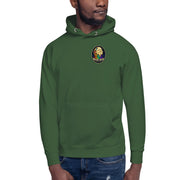 Moon Man Paints Original Logo — Unisex Hoodie — Forest Green — front view on man model