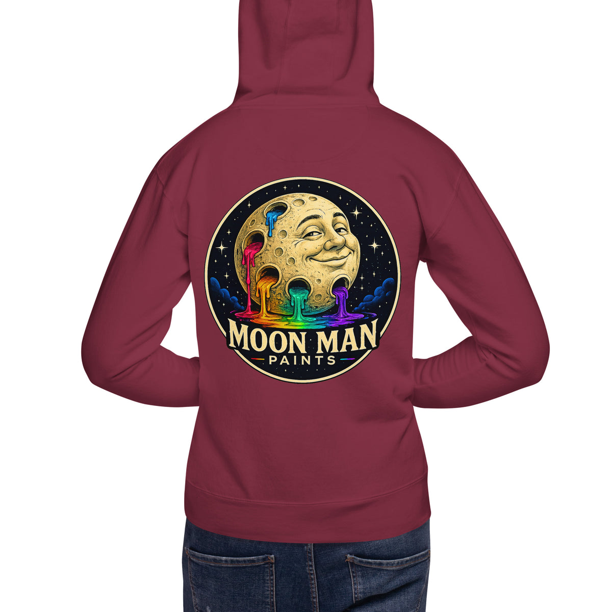 Moon Man Paints Original Logo — Unisex Hoodie — Maroon — back view on man model