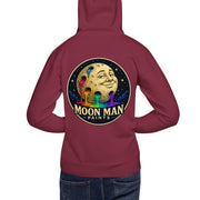 Moon Man Paints Original Logo — Unisex Hoodie — Maroon — back view on man model