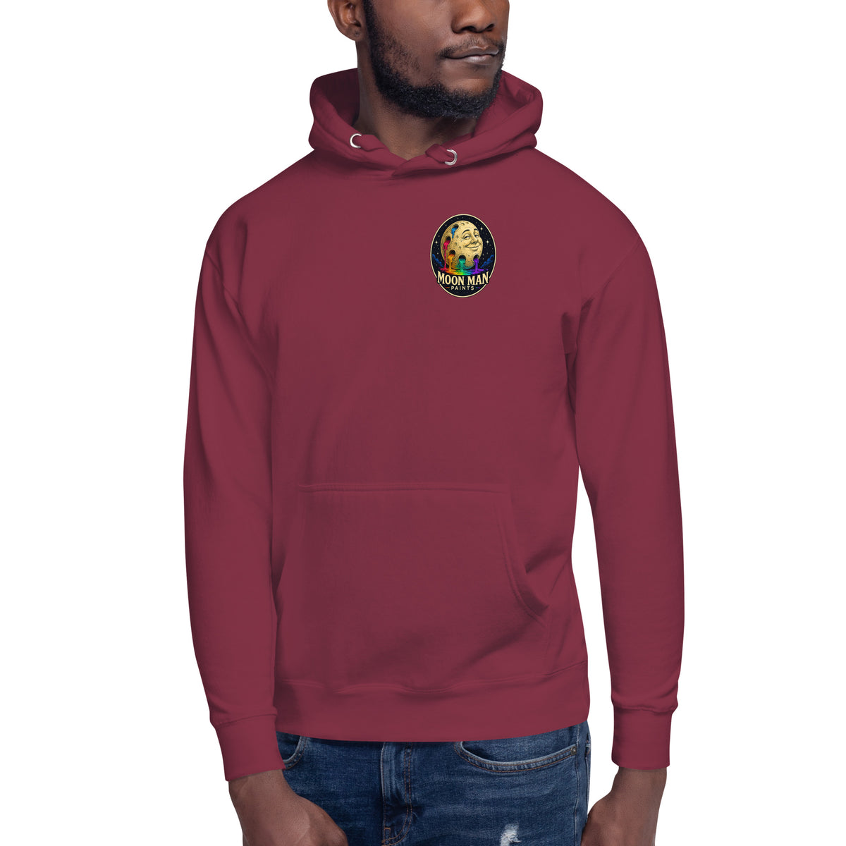 Moon Man Paints Original Logo — Unisex Hoodie — Maroon — front view on man model
