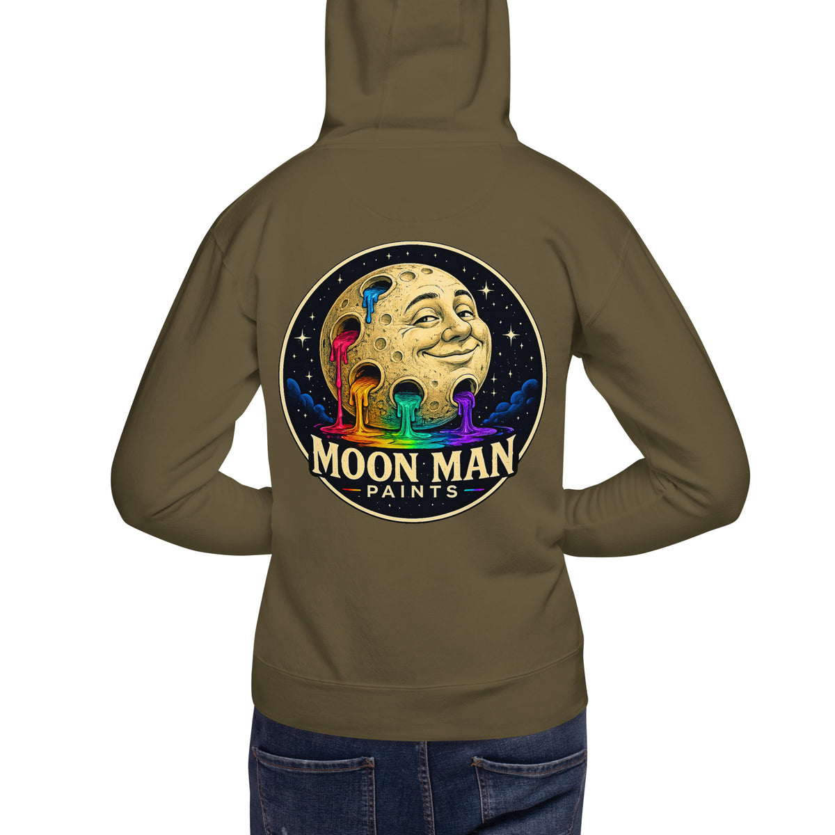 Moon Man Paints Original Logo — Unisex Hoodie — Military Green — back view on man model