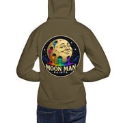 Moon Man Paints Original Logo — Unisex Hoodie — Military Green — back view on man model