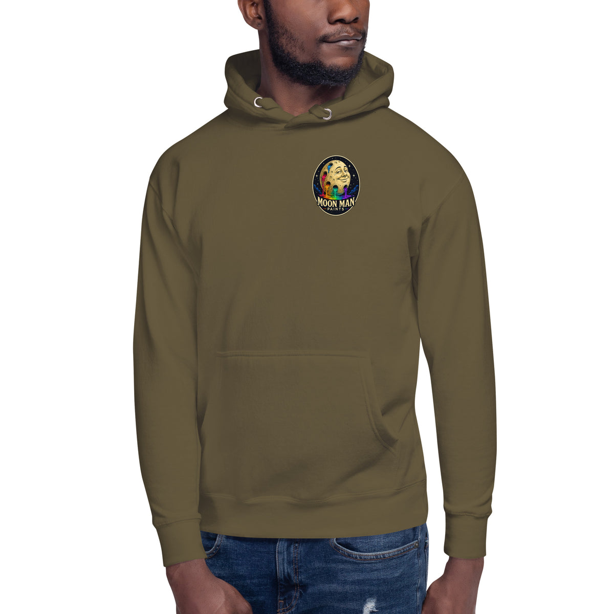 Moon Man Paints Original Logo — Unisex Hoodie — Military Green — front view on man model
